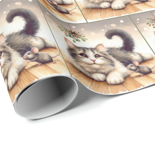 Wasserfarbenkatze und Maus mit Mistleton Geschenkpapier (Rolleneckpunkt)