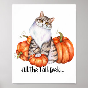 Wasserfarbenkatze und Pumpkins fallen Federn Poster