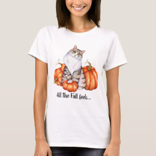 Wasserfarbenkatze und Pumpkins fallen Federn T-Shirt
