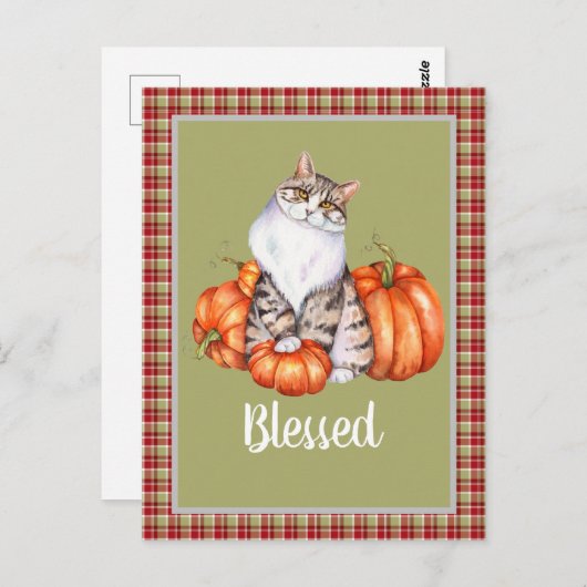 Wasserfarbenkatze und Pumpkins Seliger Erntedank Postkarte