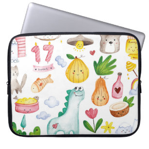 Wasserfarbenkawaii-Doodles abgeschieden auf weiße Laptopschutzhülle