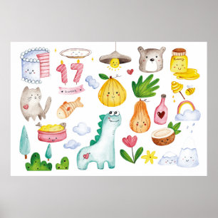 Wasserfarbenkawaii-Doodles abgeschieden auf weißem Poster