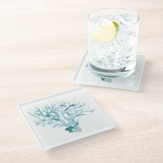 Wasserfarbenkoralle - Blau Glasuntersetzer (Schrägansicht)