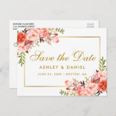 Wasserfarbenkoralle - Floral Gold Save the Date Ankündigungspostkarte (Vorne/Hinten)