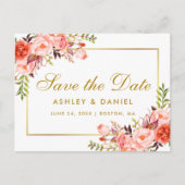 Wasserfarbenkoralle - Floral Gold Save the Date Ankündigungspostkarte (Vorderseite)