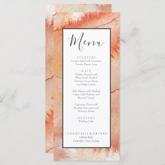 Wasserfarbenkorallenpfirsich für Nautical Wedding  Menükarte (Vorne/Hinten)