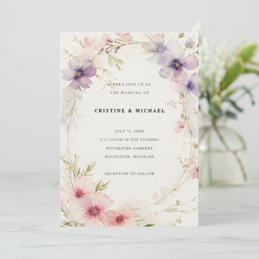 Wasserfarbenkosmos Blume Hochzeit Einladung (Stehend Vorderseite)