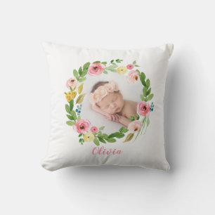 Wasserfarbenkranz personalisiertes Foto mit Rosa Kissen