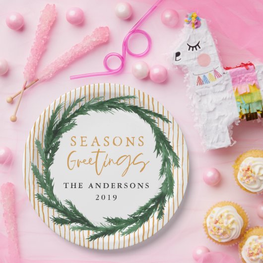 Wasserfarbenkranz + Streifen Weihnachtsfeiertag Pappteller (Party)