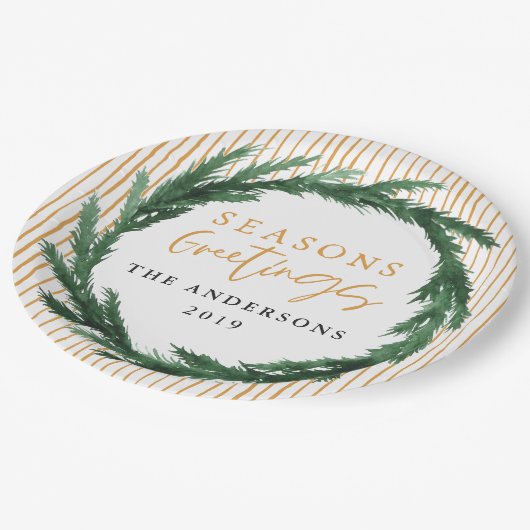 Wasserfarbenkranz + Streifen Weihnachtsfeiertag Pappteller (Schrägansicht)