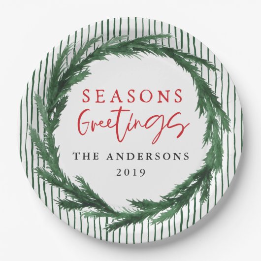 Wasserfarbenkranz + Streifen Weihnachtsfeiertag Pappteller (Vorderseite)