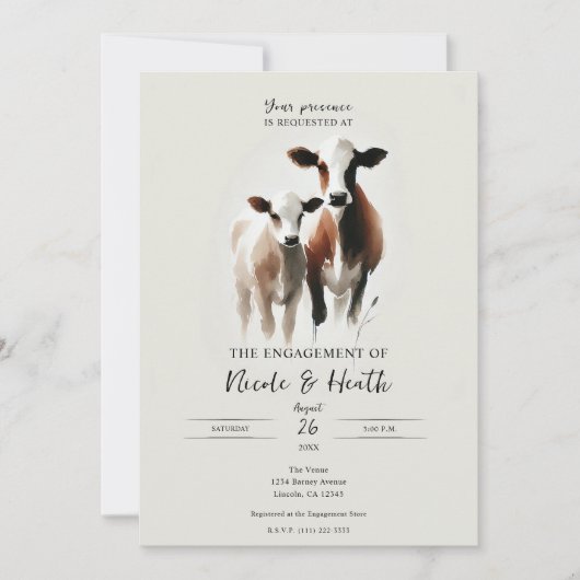 Wasserfarbenkühe Minimale rustikale Engagement-Par Einladung (Vorderseite)
