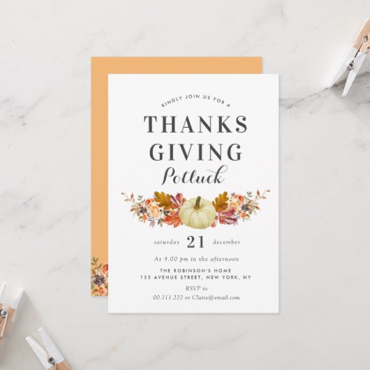 Wasserfarbenkürbis-Blätter Erntedank potluck Einladung (Vorderseite/Rückseite Beispiel)