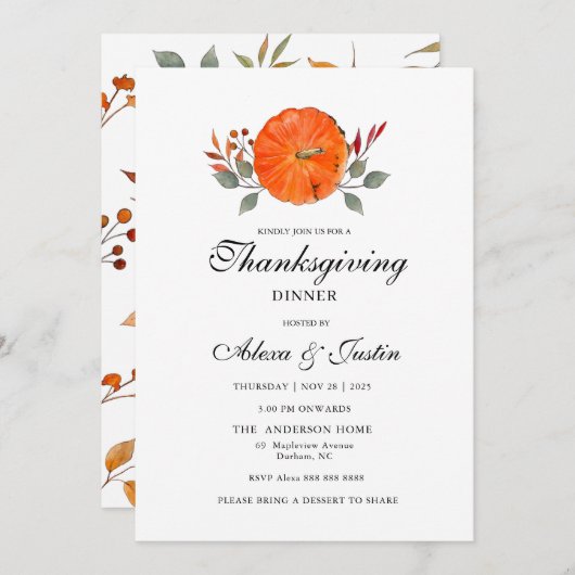 Wasserfarbenkürbis Erntedank Abendessen Einladung (Vorne/Hinten)