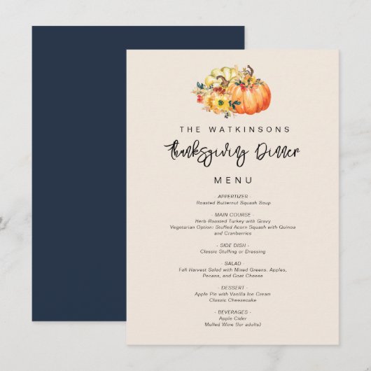 Wasserfarbenkürbis Erntedank Menükarte (Vorne/Hinten)