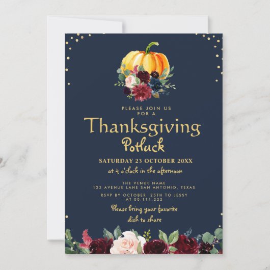 Wasserfarbenkürbis Erntedank Potluck Einladung (Vorderseite)