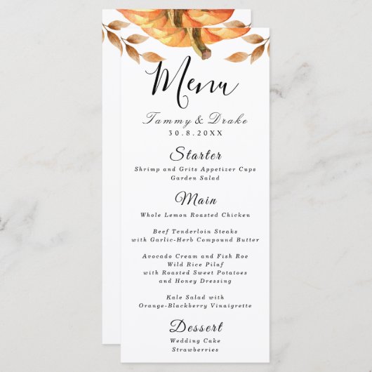 Wasserfarbenkürbis-Hochzeitsmenü Menükarte (Vorne/Hinten)