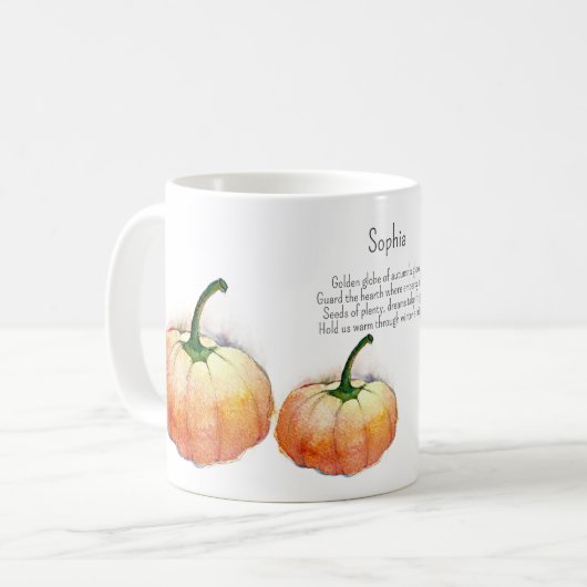Wasserfarbenkürbis mit Gedicht Kaffeetasse (Vorderseite Links)