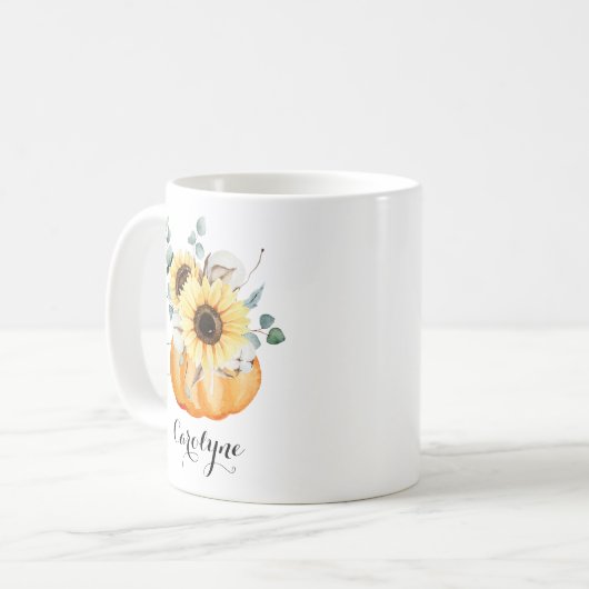 Wasserfarbenkürbis mit Sonnenblumen Personalisiert Kaffeetasse (Vorderseite Links)