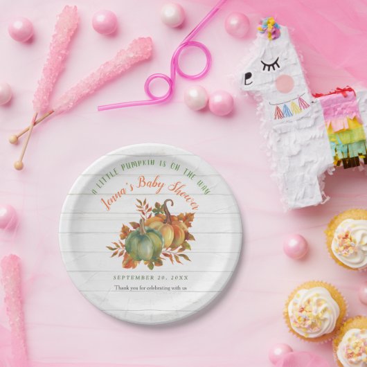 Wasserfarbenkürbis Rustikales Holz | Babydusche Pappteller (Party)