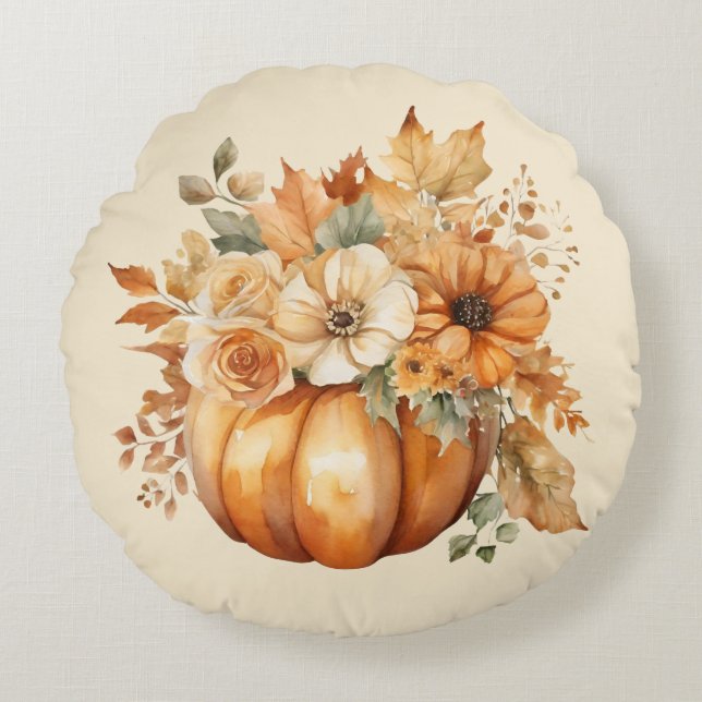 Wasserfarbenkürbis und Blumendesign- Rundes Kissen (Vorderseite)