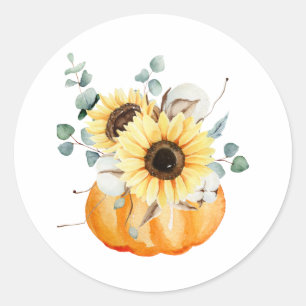 Wasserfarbenkürbis und Sonnenblumen Runder Aufkleber