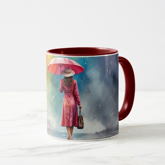 Wasserfarbenladenriff mit Umbrella-Gray-Dress-Tass Tasse (VorderseiteRechts)