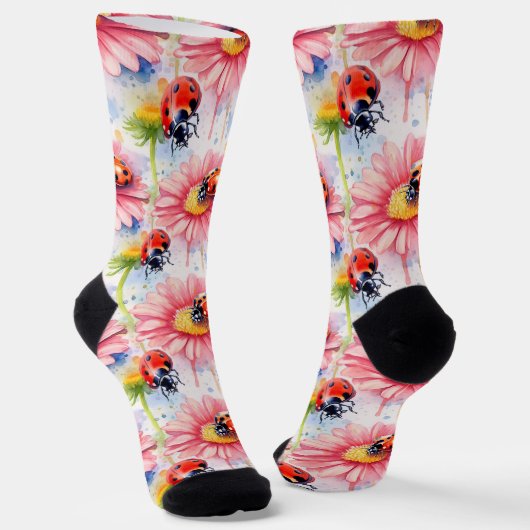 Wasserfarbenladybugs auf Blume Socken (Gewinkelt)