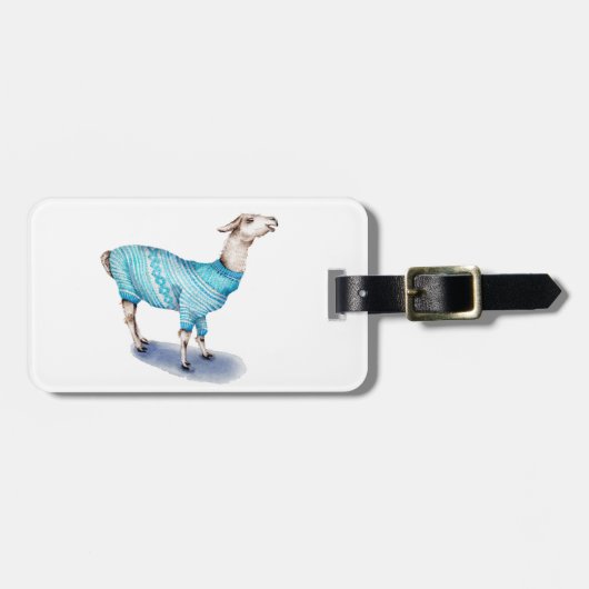 Wasserfarbenlama in blauem Pullover Gepäckanhänger (Vorderseite horizontal)