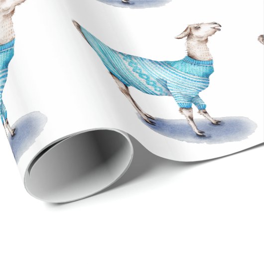 Wasserfarbenlama in blauem Pullover Geschenkpapier (Rolleneckpunkt)