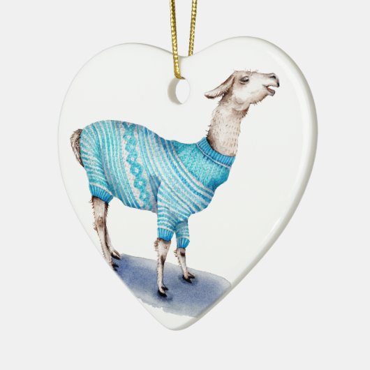 Wasserfarbenlama in blauem Pullover Keramik Ornament (Links)