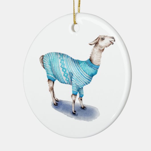 Wasserfarbenlama in blauem Pullover Keramik Ornament (Links)