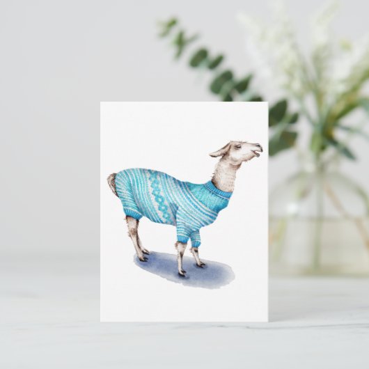 Wasserfarbenlama in blauem Pullover Postkarte (Stehend Vorderseite)