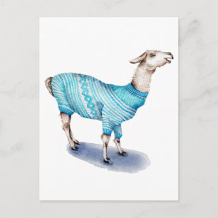 Wasserfarbenlama in blauem Pullover Postkarte