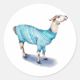 Wasserfarbenlama in blauem Pullover Runder Aufkleber