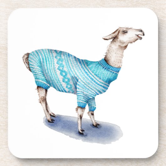 Wasserfarbenlama in blauem Pullover Untersetzer (Vorderseite)