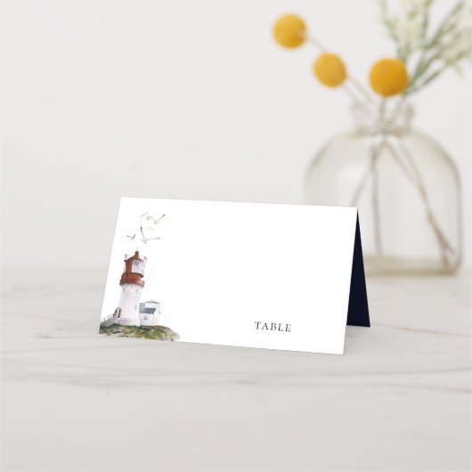 Wasserfarbenlampe Nautical Navy Blue Wedding Platzkarte (Vorderseite)