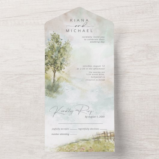 Wasserfarbenlandschaft Hochzeit Grün-ID786 All In One Einladung (Innen Boden)