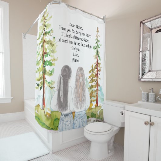 Wasserfarbenlandschaft mit 2 Girls-Mahnkreuzen Duschvorhang (Beispiel)