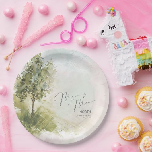 Wasserfarbenlandschaft Mr. & Mrs. Sage Green ID786 Pappteller (Party)