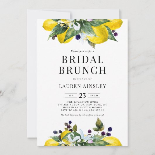 Wasserfarbenlemon und BlackBerry Bridal Brunch Einladung (Vorderseite)