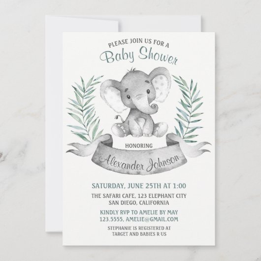Wasserfarbenlephant Babydusche Einladung (Vorderseite)