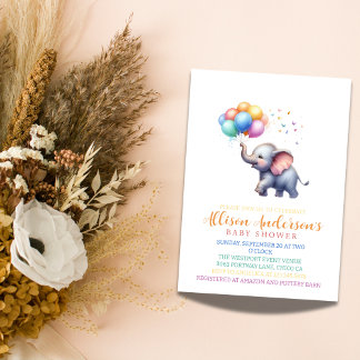 Wasserfarbenlephant Babydusche mit Balloons Einladung