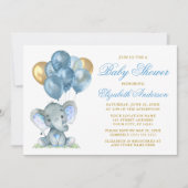 Wasserfarbenlephant Balloons Dusche Blue Gold Einladung (Vorderseite)