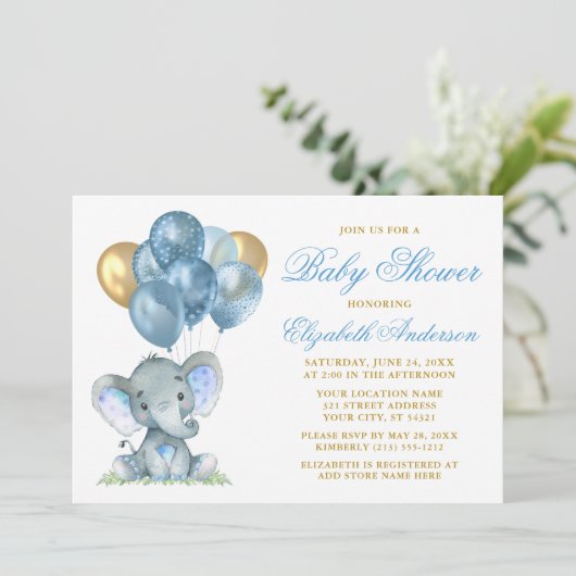 Wasserfarbenlephant Balloons Dusche Blue Gold Einladung (Stehend Vorderseite)