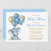 Wasserfarbenlephant Balloons Dusche Blue Gold Einladung (Vorne/Hinten)