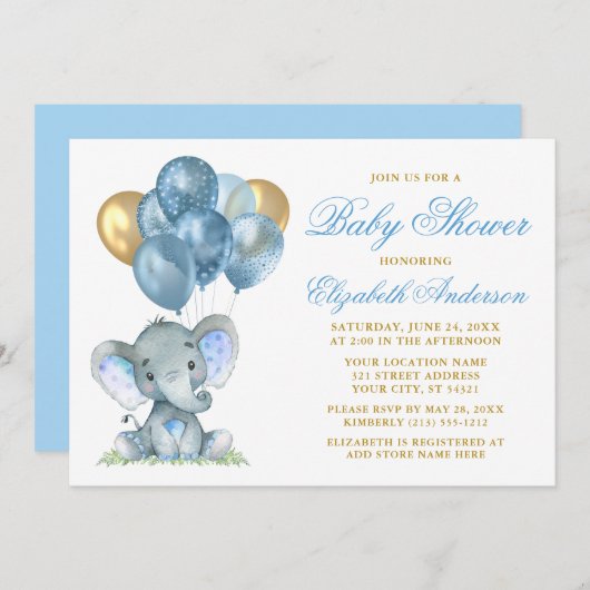 Wasserfarbenlephant Balloons Dusche Blue Gold Einladung (Vorne/Hinten)