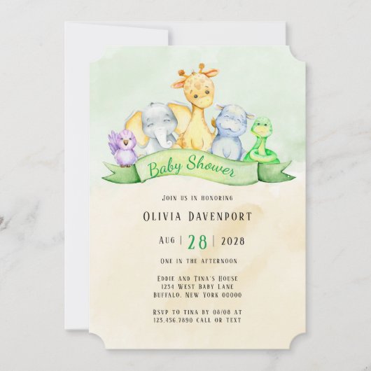 Wasserfarbenlephant & Friends Babydusche Einladung (Vorderseite)