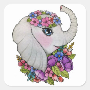 Wasserfarbenlephant mit wilden Blume Quadratischer Aufkleber