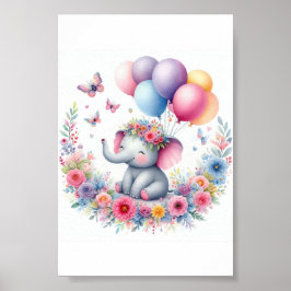 Wasserfarbenlephon mit Balloons und Blume Poster